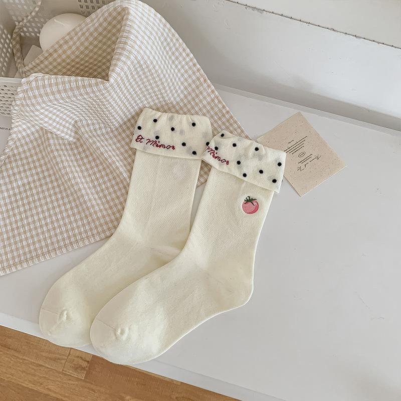 

Female Autumn New Lovely Embroidery Sweet Polka Dot Flanging Tube Stack Socks 1 pair молочный белый