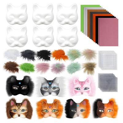 6Pcs Cat Masque Kit DIY Hand Painting Blank Cat Masque with Fur Eye Mesh Felt Sheet Furry Animal Therian Masquerade Accessory