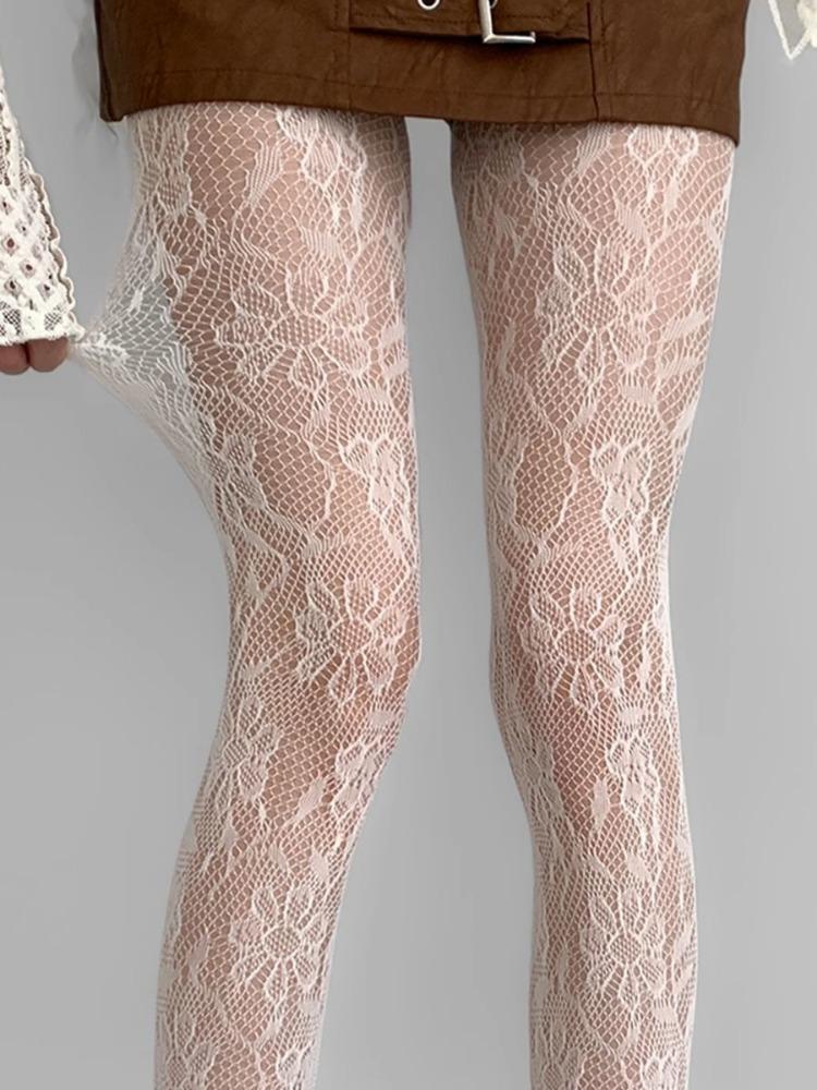 Damen Florale Spitze Strumpfhosen Sommer Netz Sexy Ausgeschnitten Dünn Und Atmungsaktiv Retro Punk Y2K Strumpfhosen Individuelle Fishnet Strümpfe One Size gray
