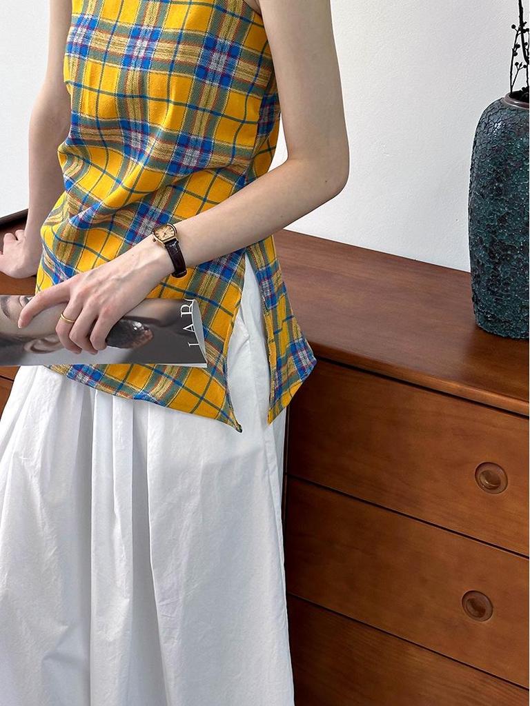 2024 Summer Orange Retro Color Block Plaid Irregular Camisole Sleeveless Top