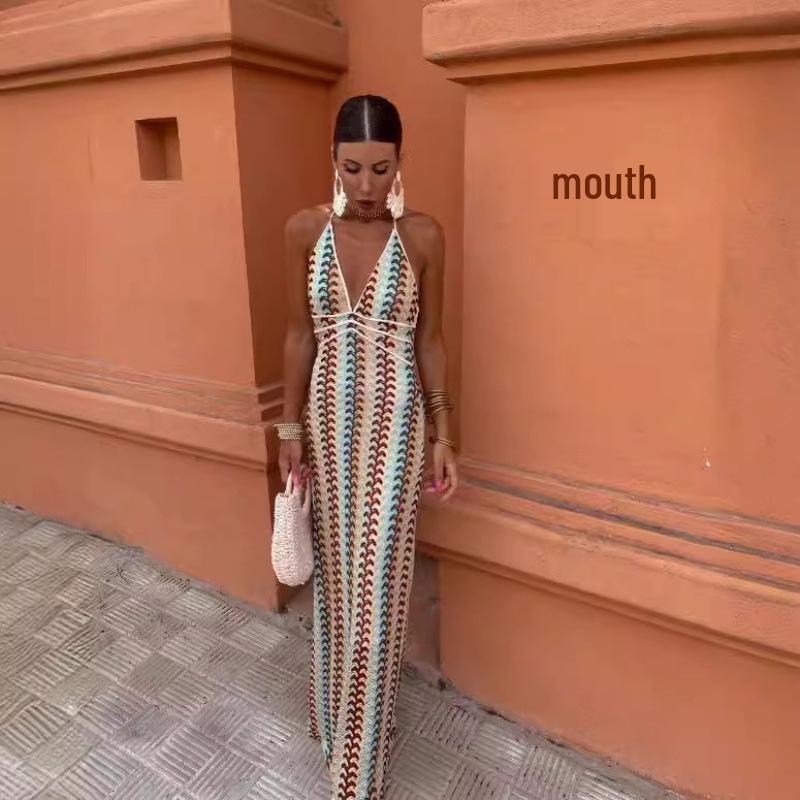 European & American Women s V-Neck Crochet Backless Dress - Party Slimming Camisole M