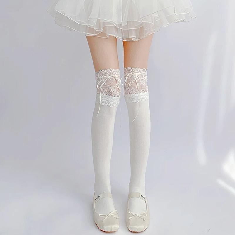 Girls Lolita Velvet Stockings White Knee Length Stockings Lace Splicing High Tube Sock Ribbon Bowknot Long Socks Women Footwear