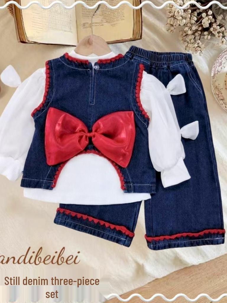 New Girls' Stylish Korean Spring/Autumn Denim 3-Piece Set