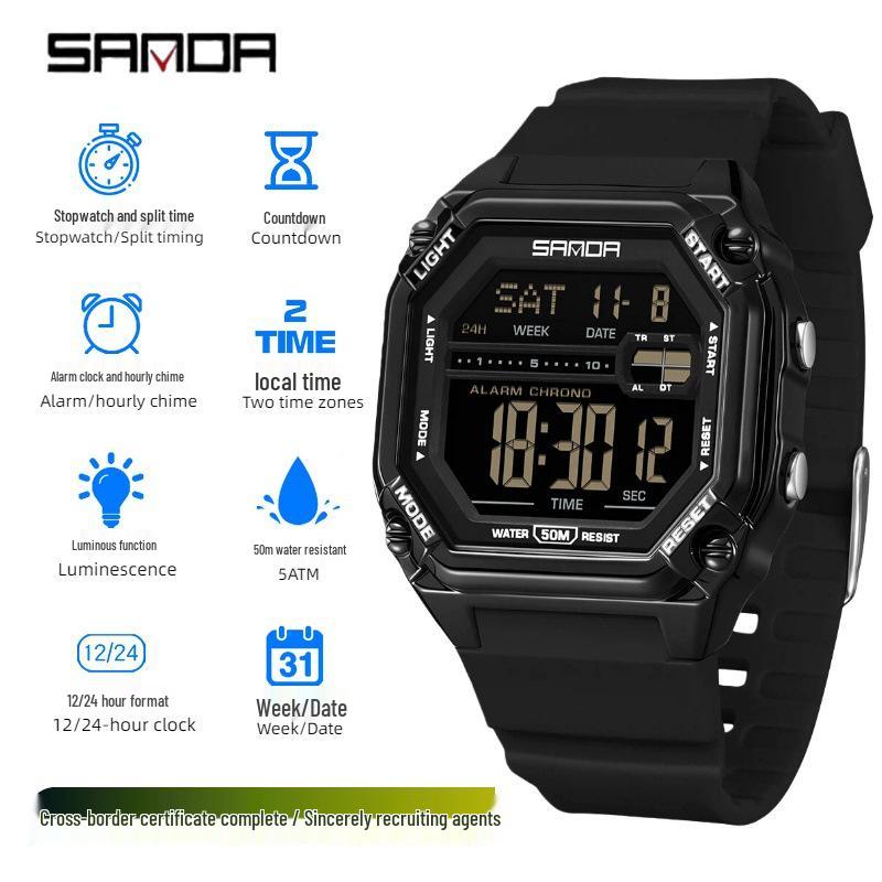Sanda Men's Multifunctional Waterproof Electronic Watch with Luminous Display and Sports Stopwatch