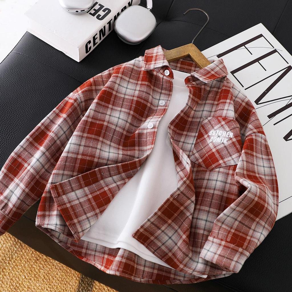 Children's Korean Style Plaid Long-Sleeve Cotton Shirt for Medium/Large Boys - Spring/Autumn Loose Jacket