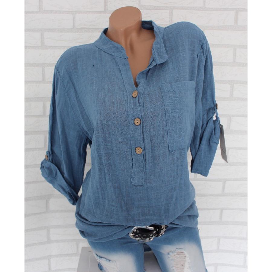 Taglia Asiatica Bottoni Collo Alto Pullover T-shirt Top Larghi Manica Lunga Arrotolabile Camicie Donna Traspiranti Cotone Morbido Bluse