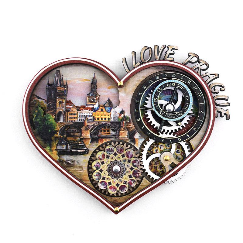 Prague Astronomical Clock 3D Wooden Magnet with Rotating Gears - Czech Travel Souvenir
