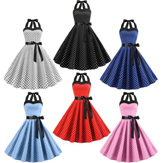 Dot Print Off Shoulder Backless Bowknot Decor A-Line Gown Dress Halter Bandeau Skater Hem Party Dress Female Clothing