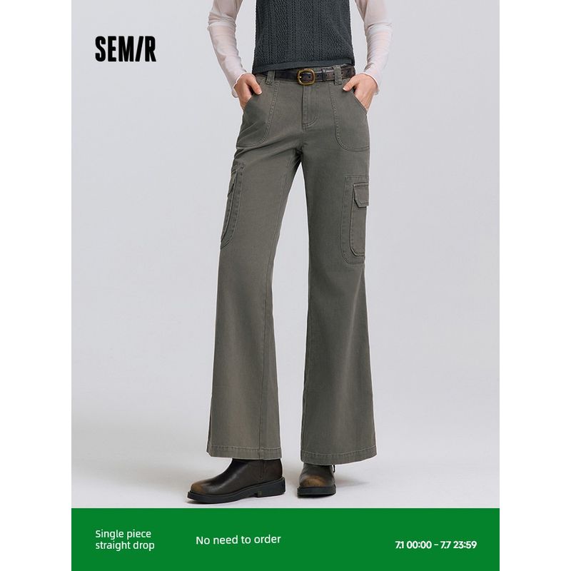 

[Same Style with Mall] Senma Casual Pants Women s Cool Rufeng Bell-Bottom Pants Stylish 2025 Spring New Arrival Distressed Cargo Pants Dark green 41046 155/62A/S