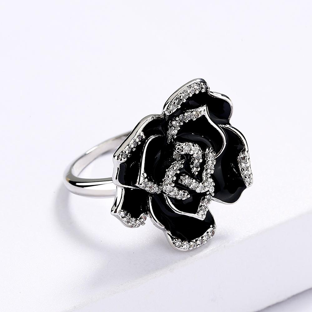 925   Exquisite Enamel Drip Oil Color Black Flower Ring For Ladies Party Wedding Jewelry Gift