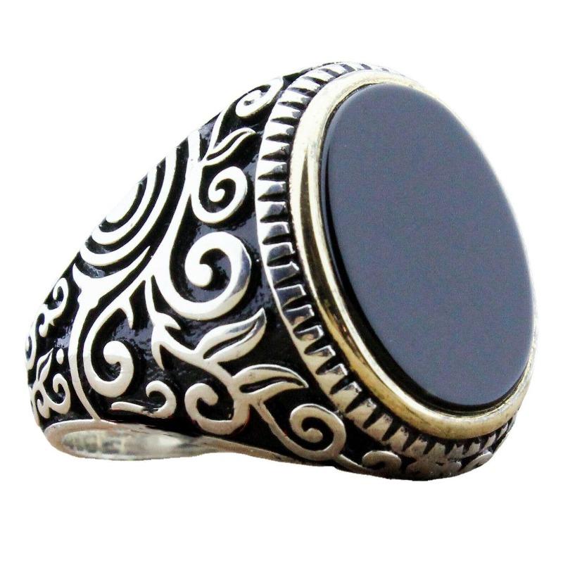 Stylish Flat Black Crystal Engraved Pattern Men'S Ring Ring Jewelry