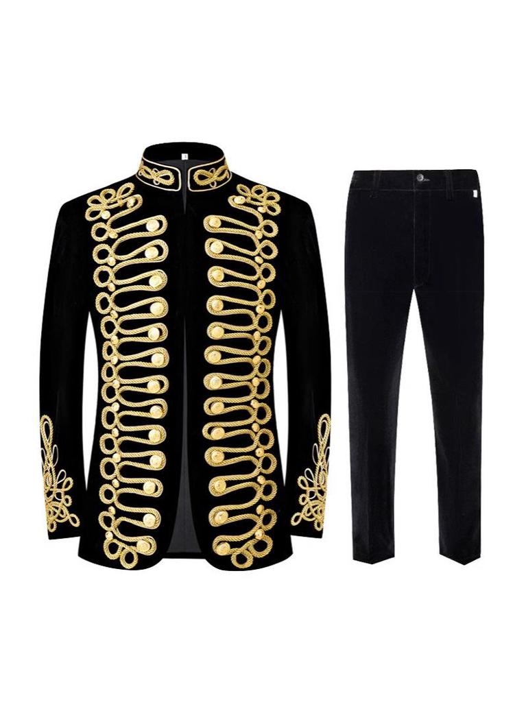 Men's Retro European Velvet Military Jacket with Gold Embroidery