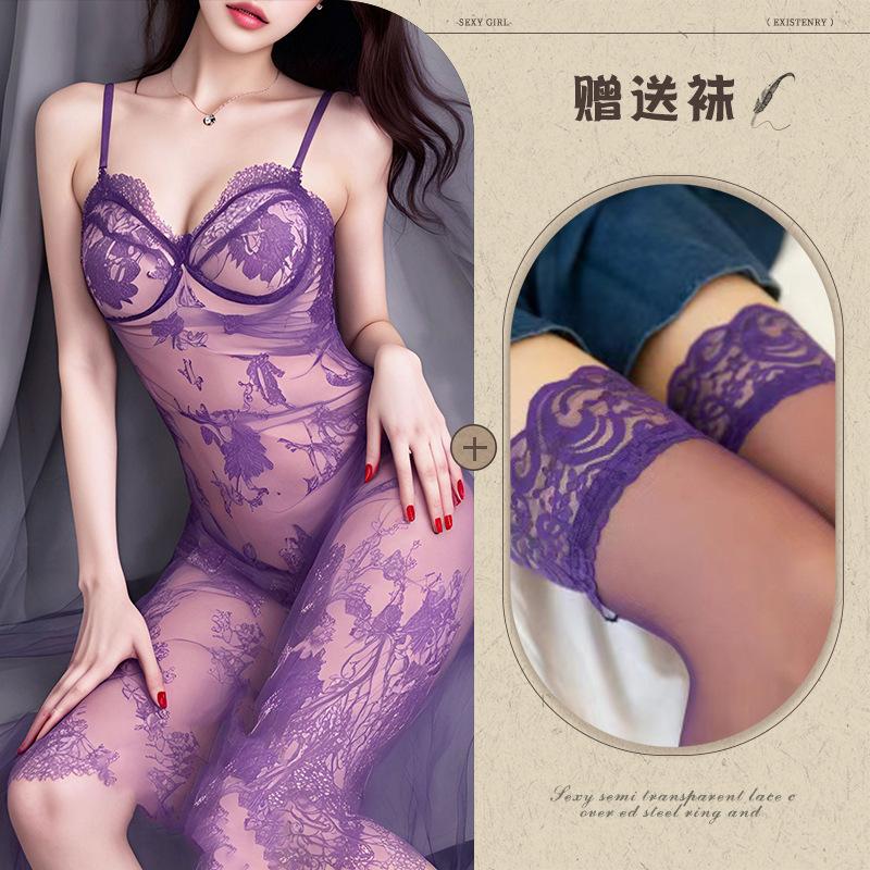Sex Underwear Purple Suspender Pajama Set Sexy Lace Uniform Temptation Tease See-Through Dress