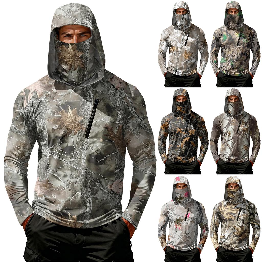 Men’s Casual Hooded Long Sleeve Sun Top with Leaf Camouflage Print and Zippered Chest Pocket for Outdoor Activities