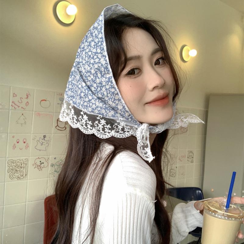 Korean Lace Vintage Triangular Scarf Solid Color Headscarf Trend Elegant Headwear for Women Girl Y2K Jewelry 2026 INS Bandana