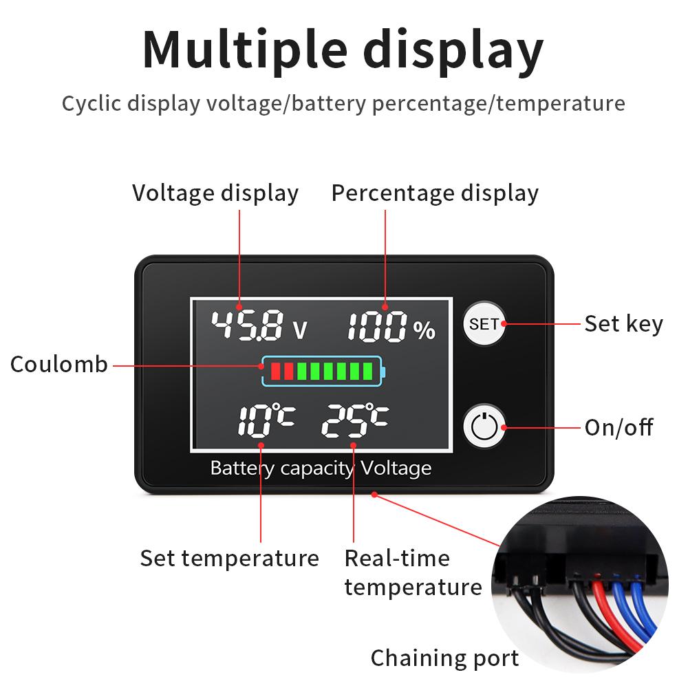 Lead-acid Lithium LiFe PO4 Voltage Tester Battery Meter DC10-100V Battery Capacity Indicator with Temperature Control Sensor