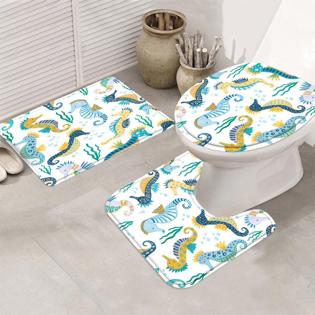 Seahorse Shower Curtain Set With 12 Hooks - Includes Bath Mat, U-Shaped Toilet Mat, Toilet Lid Cover, And Decorative Curtain For