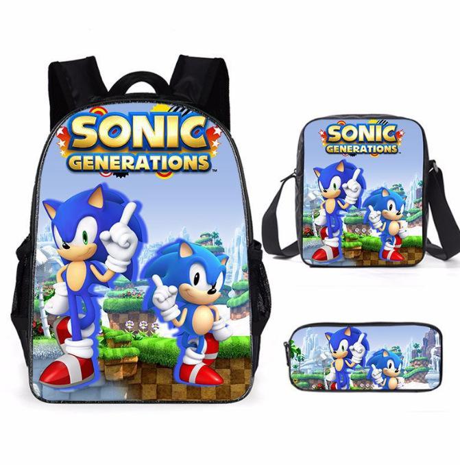 Sonic Primary School Student Schoolbag Three-Piece Set, Animation Cartoon Backpack, Shoulder Bag Pencil Case