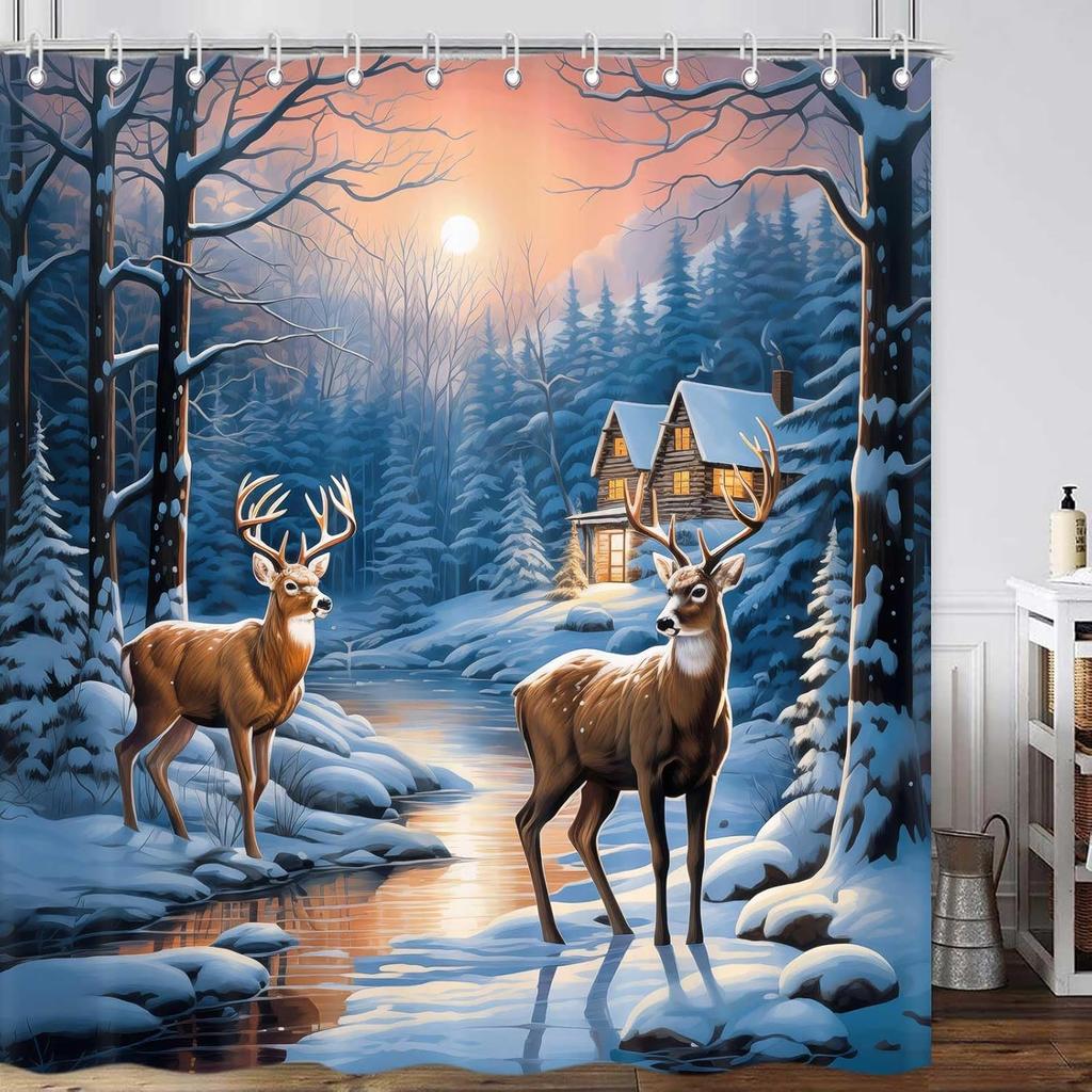 Blue Christmas Shower Curtain, Winter Snowflake Shower Curtains Set with 12 Hooks, Holiday Home Decor Fabric Shower Curtains