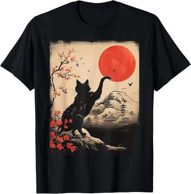 Vintage Japonské umění téma Retro Vtipné Roztomilé Kawaii Japonské kočičí tričko