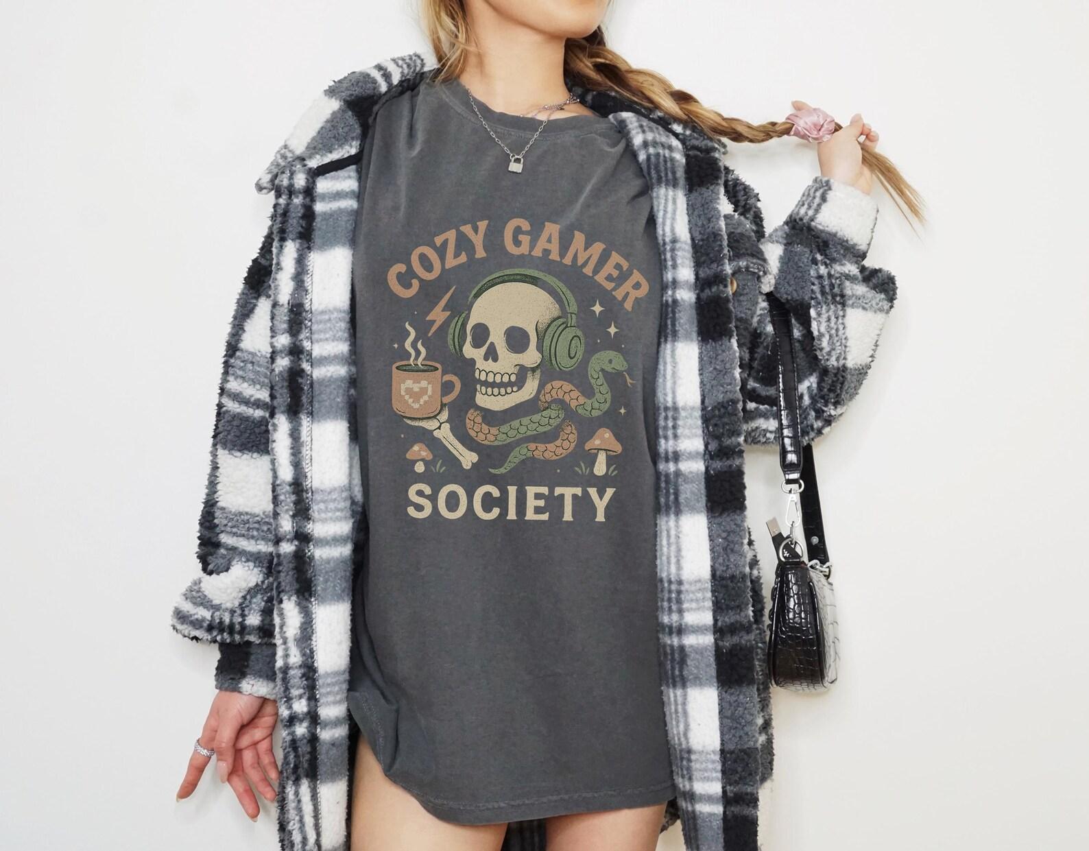 Cozy Gamer Society Shirt Funny Skull Gaming Tee with Headphones and Coffee Cup Aesthetic Comfort Colors Gift for Him or Her Gamer Style S