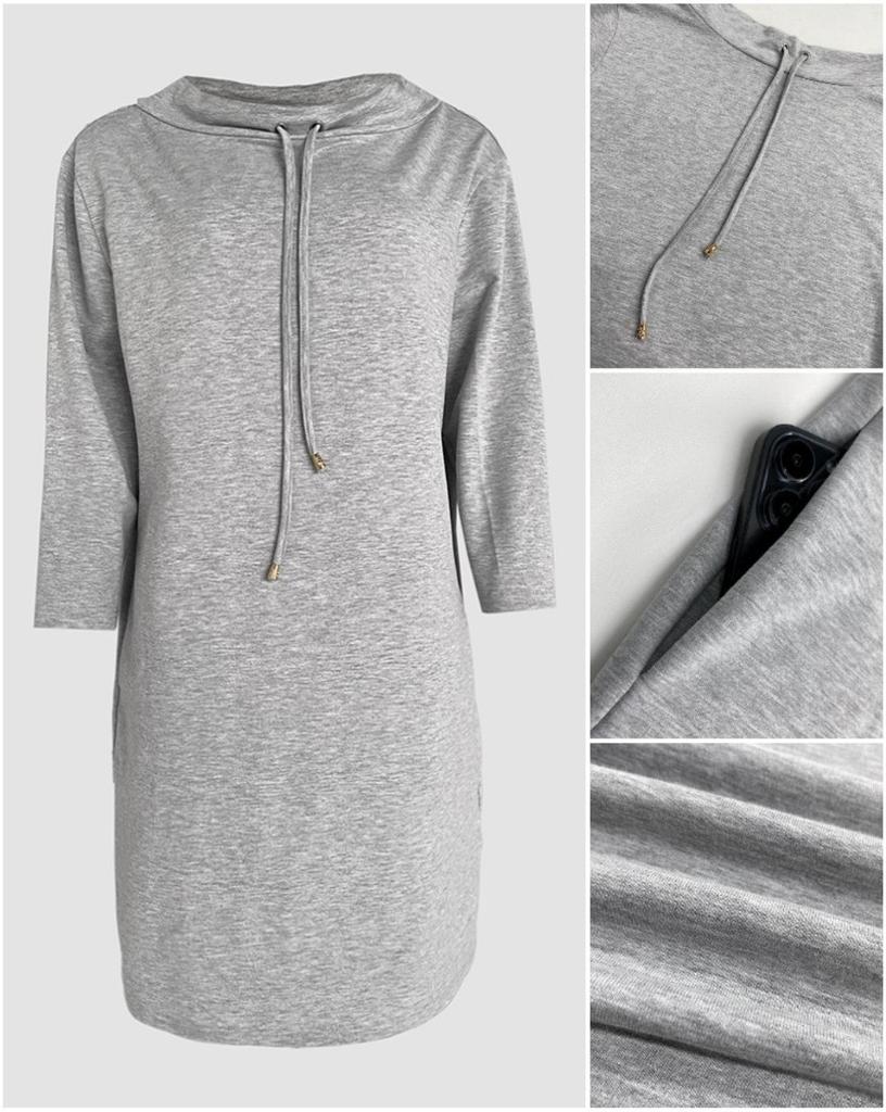 2026 Damen Mode Lässig Stehkragen Kordelzug 3/4 Ärmel Mit Kapuze Sweatshirt Kleid
