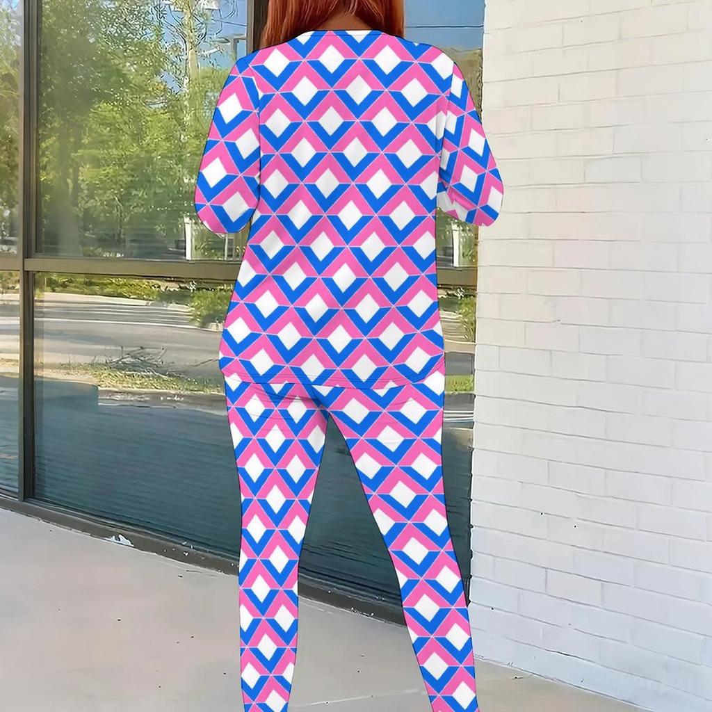 Women Plus Size Abstract Printed Round Neck Long Sleeve Top Fitted Pants Two Piece Set