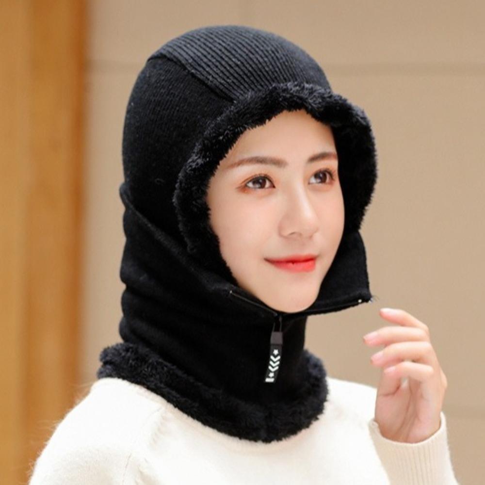 Simple Zipper Knitted Scarf Hat Thickened Windproof Hooded Thermal Cap Mask Ear Warmer Knitted Balaclava Cap Winter