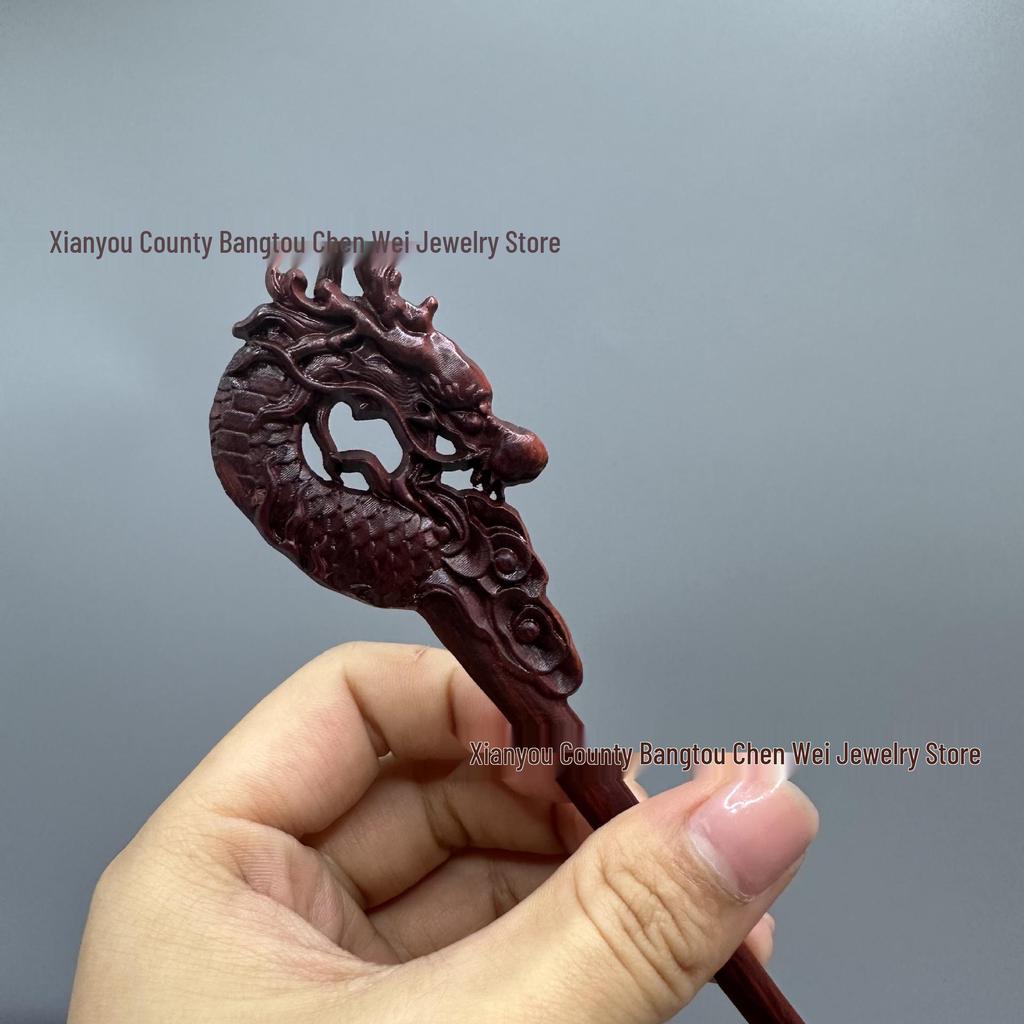Carved Dragon Head Wooden Hairpin - Ancient Hanfu Style