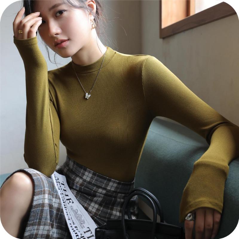 Women's Autumn Slim Bottom Half High Neck Thin Long Sleeve Top