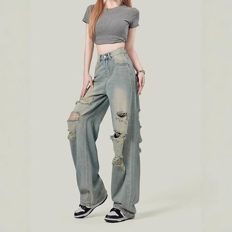 2024 Podzimní Retro Džíny s Vysokým Pasem a Širokými Nohavicemi s Dírami pro Ženy