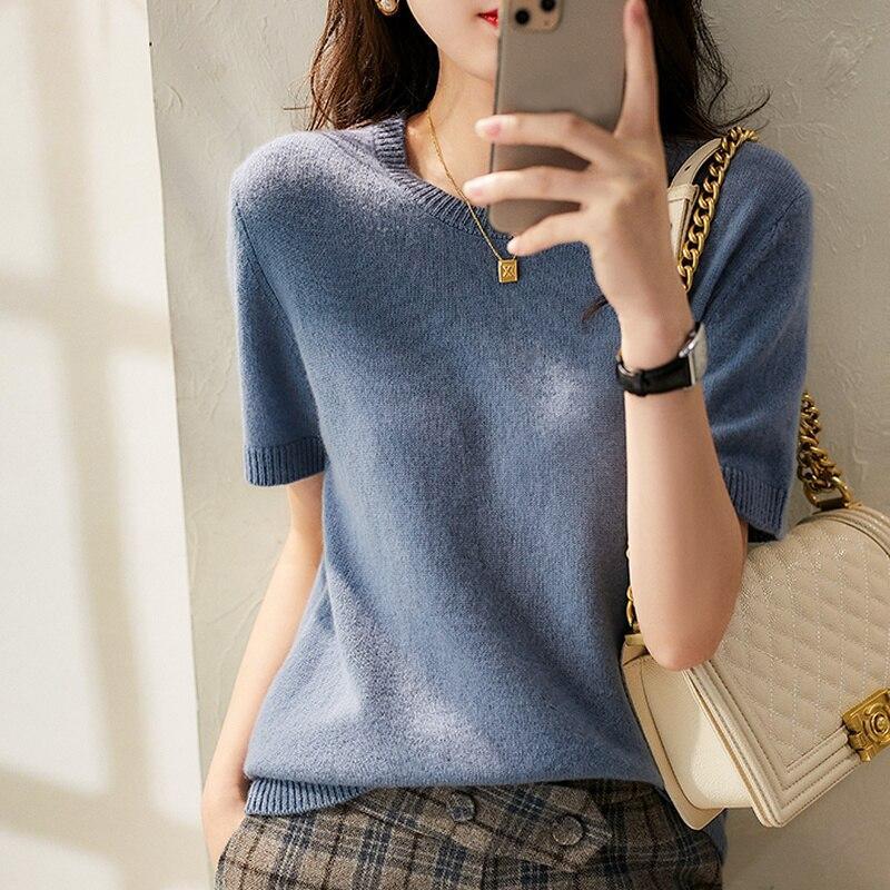 Spring And Summer Candy Short Sleeve T-shirt Women O-neck Slim Office Lady Knitted T Shirt Fashion Base Sweater Tshirts 18854