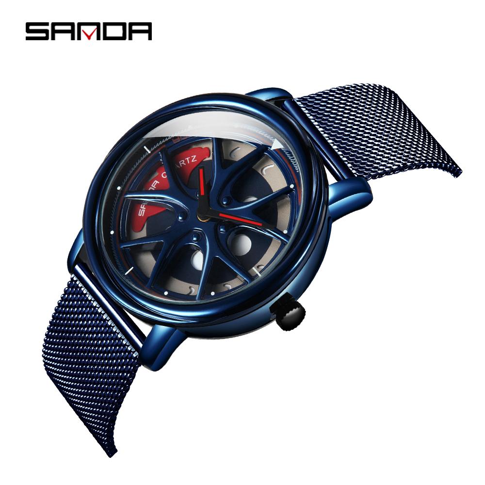 SANDA Top Men Quartz Watches Sports Car Watch Waterproof Sport 360℃ Rotating Rim Hub Wheel Wristwatch Car Quartz Men's Watches