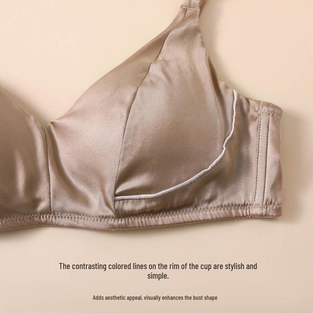 Mulberry Silk V-Neck Wireless Bra - Satin Smooth, High Side Support, Fashionable Color Block Design, Comfortable Fit.