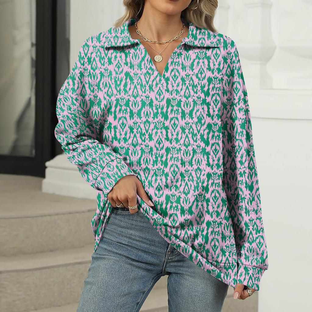 Women's Summer Fashion Casual  Printed V-Neck Long Sleeve Shirt Top