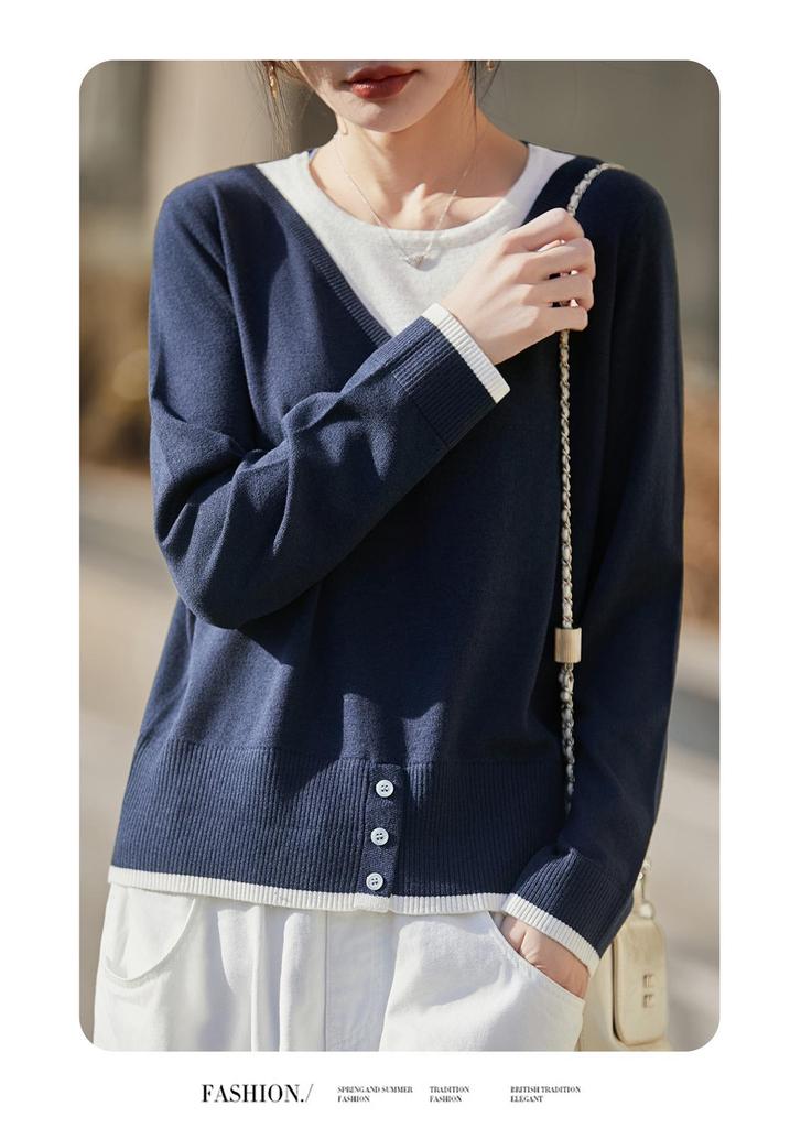 Women's V-Neck Patchwork Knitwear: French Color Block Two-Piece Style, Stylish Inner Layer Sweater for Spring/Autumn 2026.