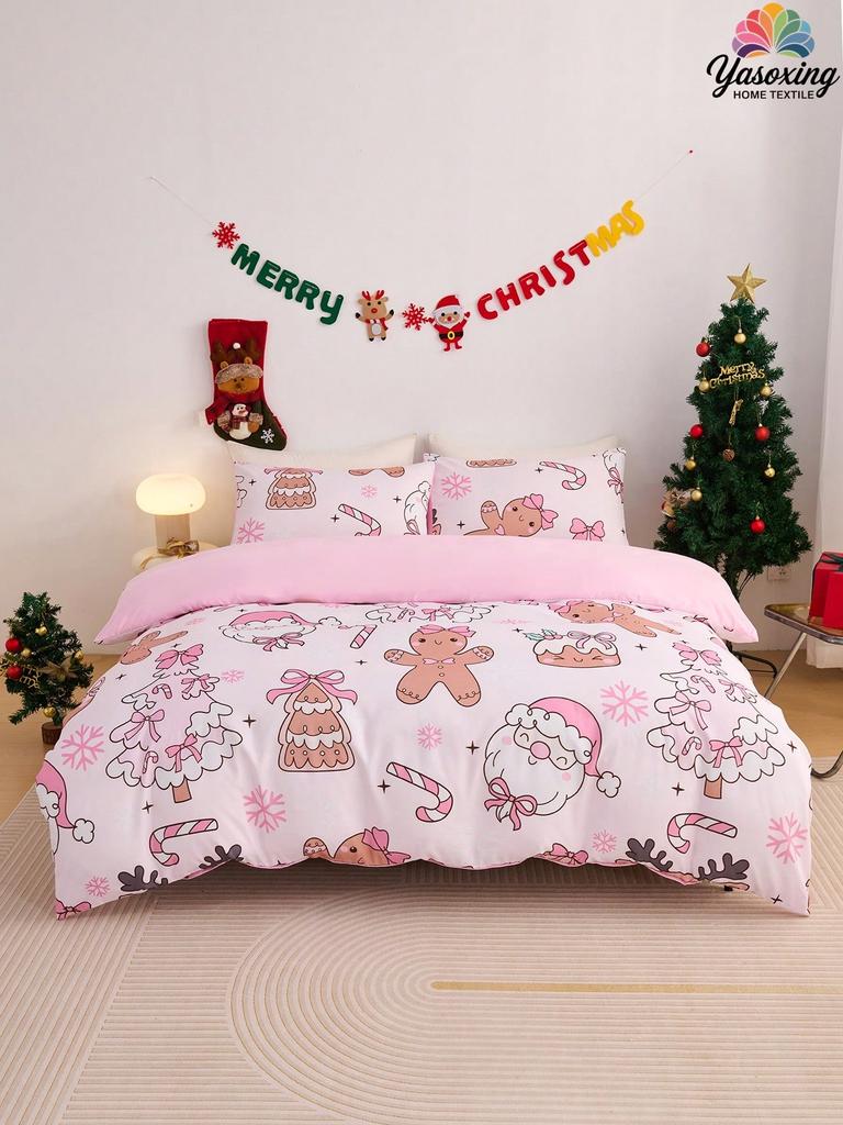2/3pcs Pink Christmas Snowflake Gift Gingerbread Man Snowman Pattern Reversible Color Duvet Cover Bedding Set, Soft Breatheable
