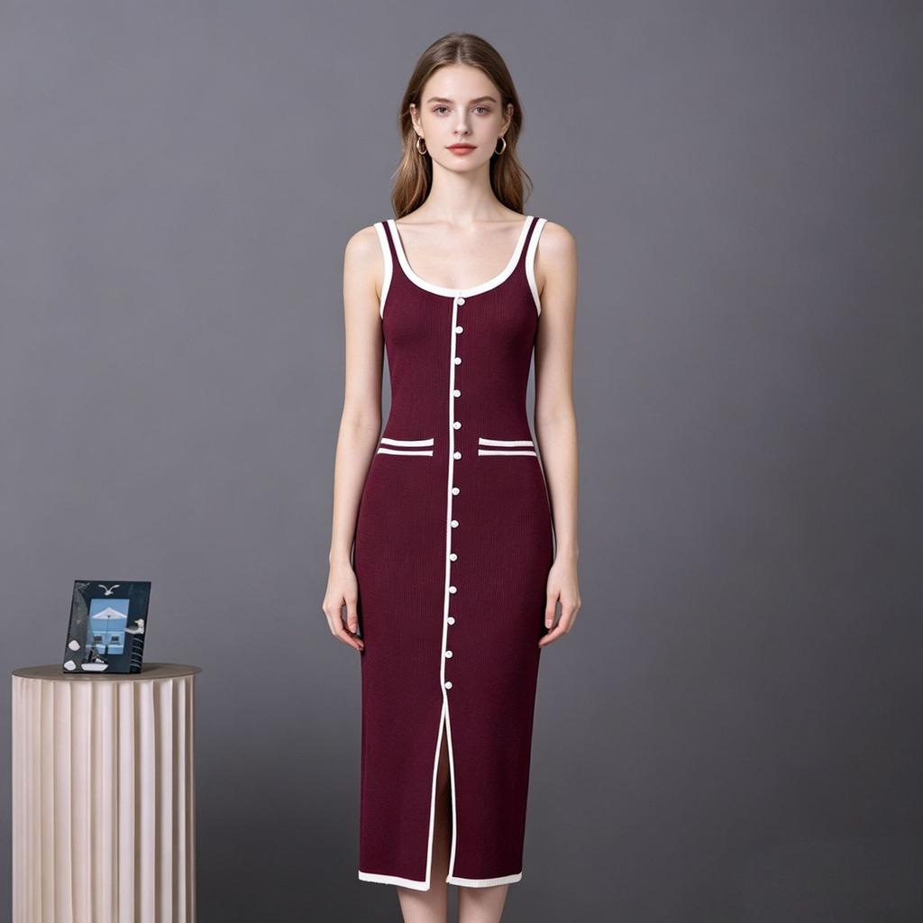 New Russian European and American Women's Vest-style Dress Contrasting Colors Single-row Multi-button Slit Long Knitted Dress