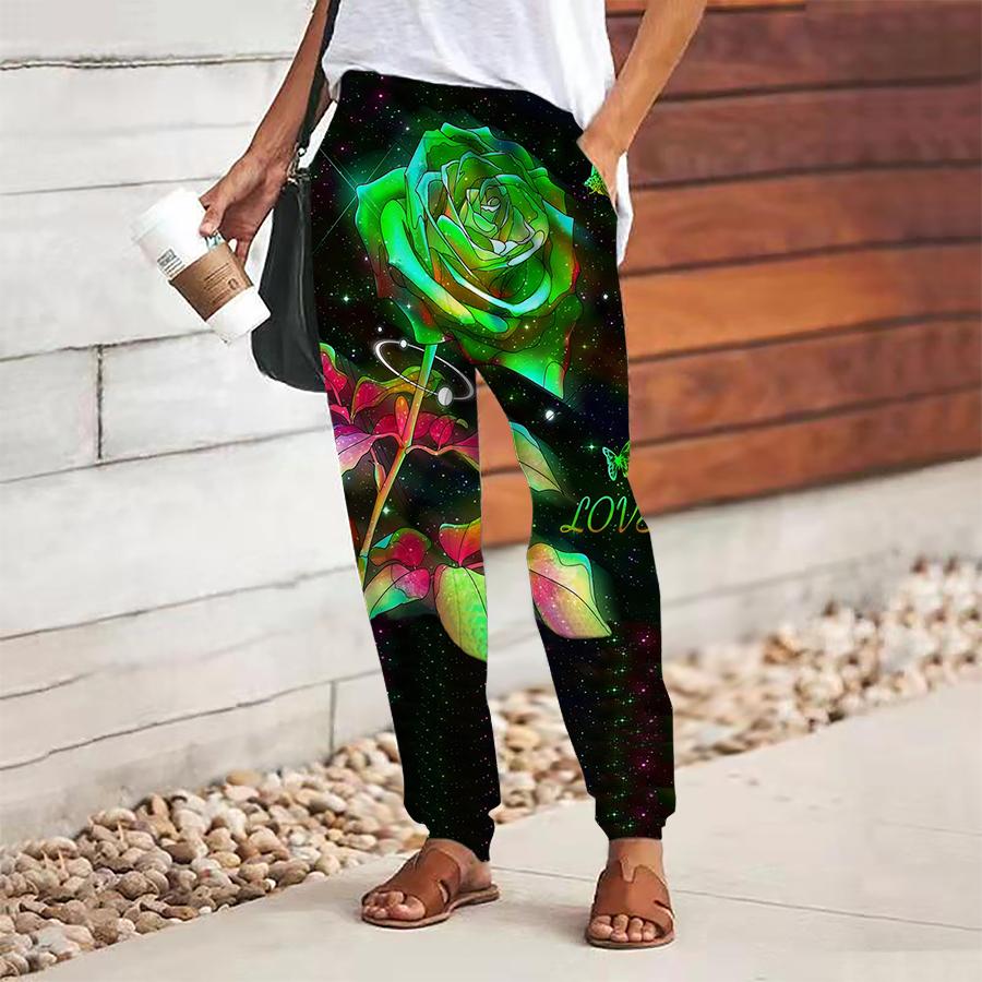 Women Flower Printing Pants Lace Up Elastic Waist Loose  Trousers Casual Long Pants Trousers with Pockets