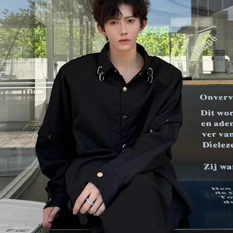 Men's Black Metal Ring Detail Button Down Shirt Casual Detachable Sleeve Oversized Streetwear Top
