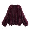 Women's V Neck Long Sleeve Ruffle Chiffon Blouse Loose Fit Lantern Cuff Single Breasted Flowy Shirt Spring Casual Top