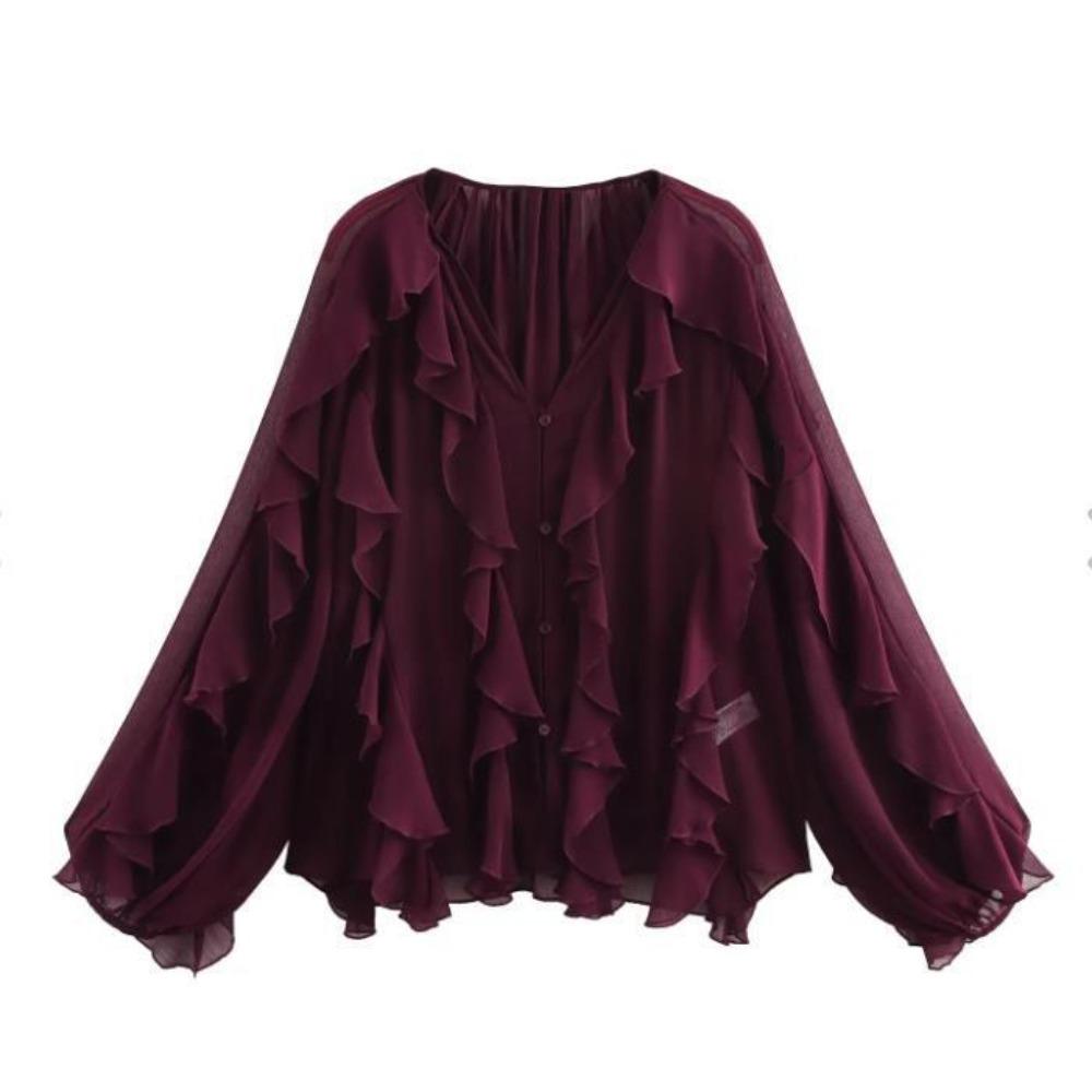 Women's V Neck Long Sleeve Ruffle Chiffon Blouse Loose Fit Lantern Cuff Single Breasted Flowy Shirt Spring Casual Top