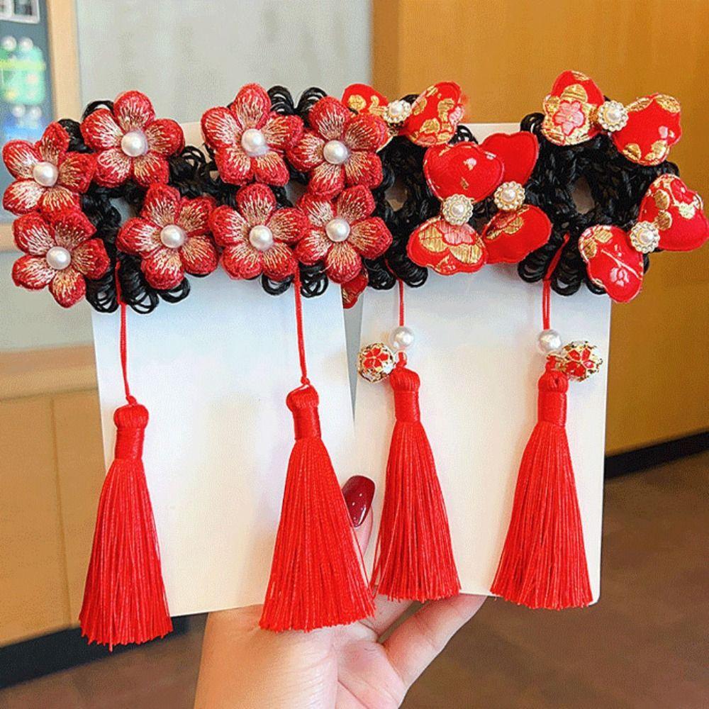 Flower Children Hanfu Hair Ring Red Ancient Style Scrunchines Bow Wig Braid Hair Rope  Children