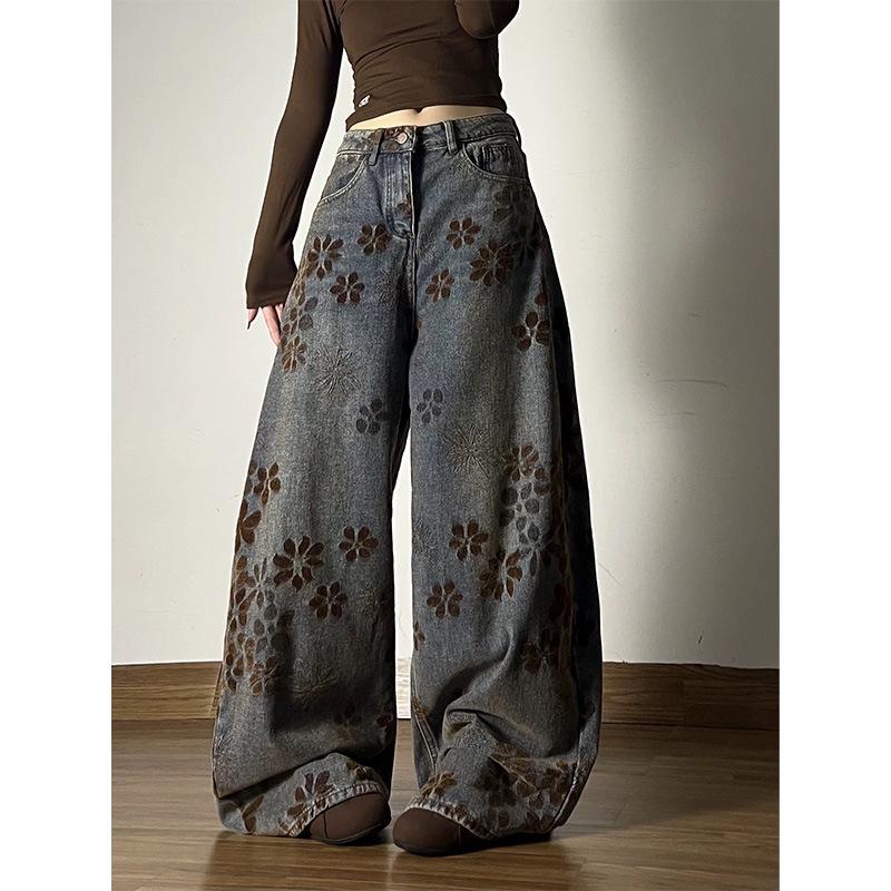 2025 Winter Women s Retro Spicy American Girl Loose Floor-Length Jacquard Washed Jeans Large