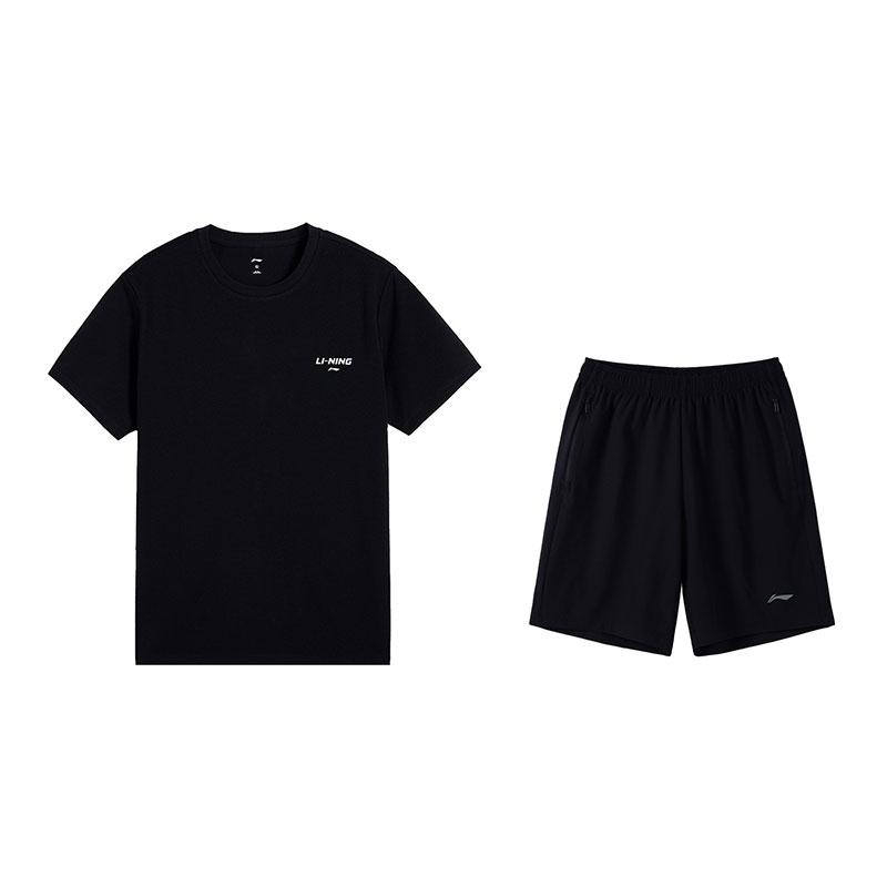Li-Ning Универсальный Дышащий Короткий Рукав Удобные Шорты Повседневный Спортивный Костюм Мужской костюм Черный W879-1+W515-1 M