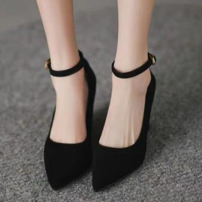 Fashion Women's Slope Heel Single Shoes Autumn New Pointed Head Shallow Mouth Suede Word with Anti-slip Wear-resistant Low-top Shoes