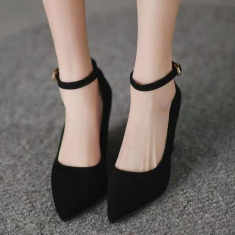 Модні жіночі туфлі на танкетці, осінь, новинка, з гострим носком, з неглибоким вирізом, замшеві, на ремінці, протиковзкі, зносостійкі, низькі