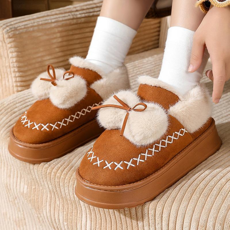 Slippers winter outer wear bag heel thick-soled indoor bow, cotton shoes winter velvet warm low-top cotton slippers women