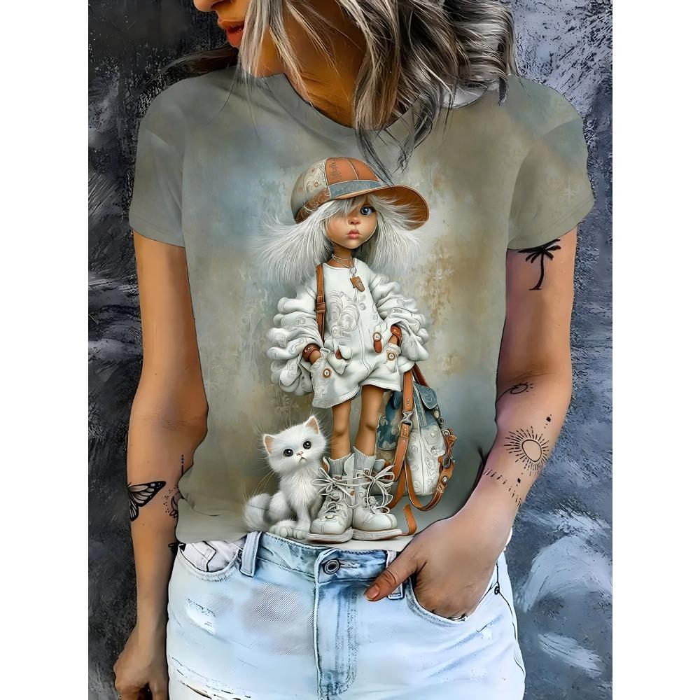 Summer Fashionable Round Neck Short Sleeved T-shirt Comfortable Breathable Creative Portrait 3d Printed Loose Women's Commuter Versatile T-shirt