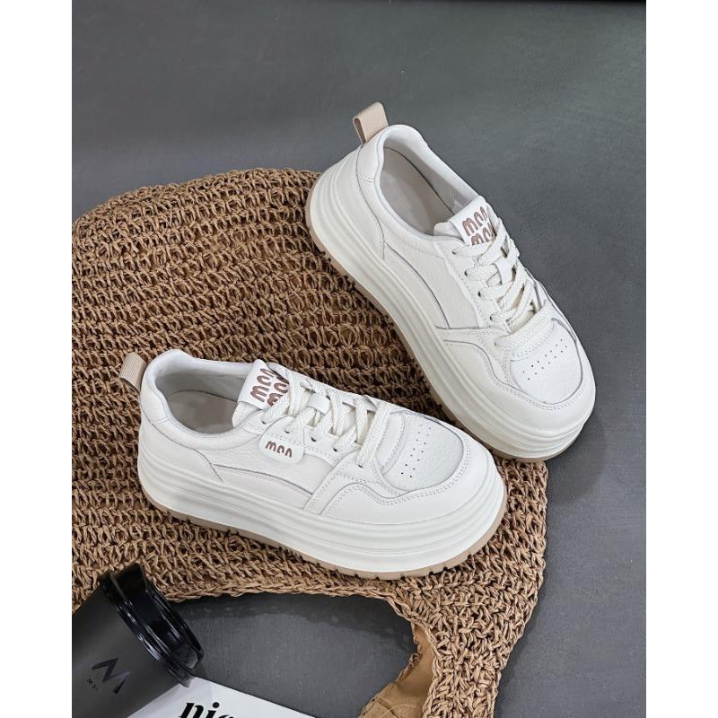 

Leather lightweight round head lace-up board shoes women s spring new versatile fashion muffin platform casual white shoes 40